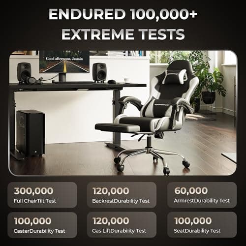 Dowinx Ergonomic Gaming Chair with Footrest, Heavy Duty 330lbs Office Chair, Massage Lumbar Support, Adjustable Height & Headrest Pillow, Comfortable for Back Pain Relief Streaming Long Gaming White 7