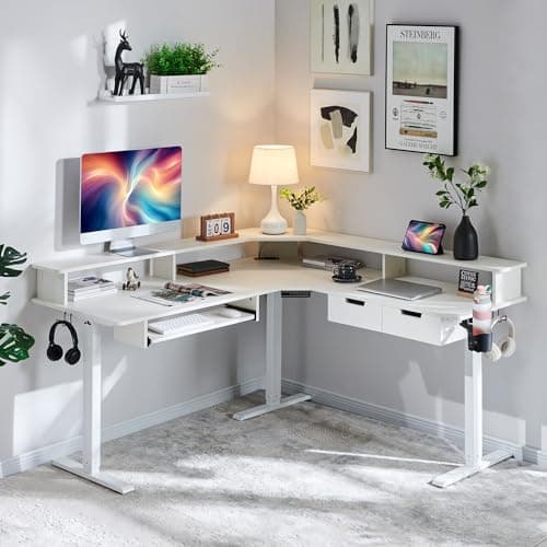 RedLemon L Shaped Electric Standing Desk, 60 inches Motor Height Adjustable Sit Stand Corner Desk with Led, Large Home Office Desk Computer Workstation, Antique White