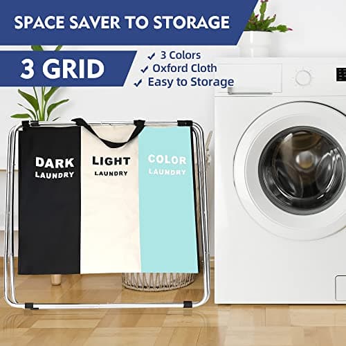 3 Section Laundry Basket Sorter, Divided Laundry Hamper with Anti-slip Strap, 180L Large Capacity Bag Storage Organizer in Laundry Room Bathroom Closet for Dirty Cloth, 15.7 x 21.6 x 28.3 Inch (Green) 7