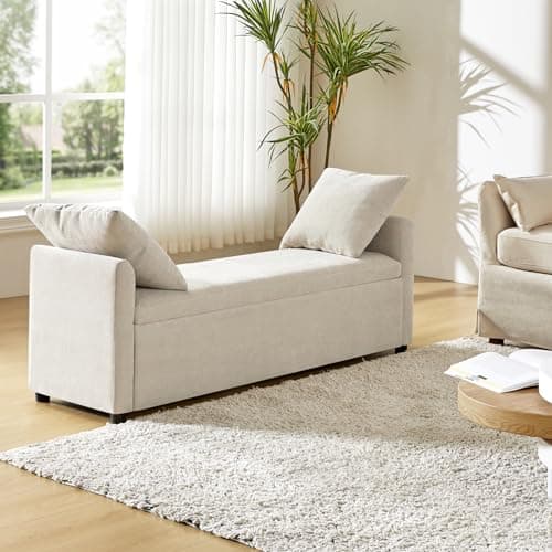 HULALA HOME Modern Storage Bench with Throw Pillows, 59.4" Extra Long Bedroom Ottoman Bench for End of Bed, Comfy Upholstered Footstool for Entryway Living Room Dining Room, Linen 6