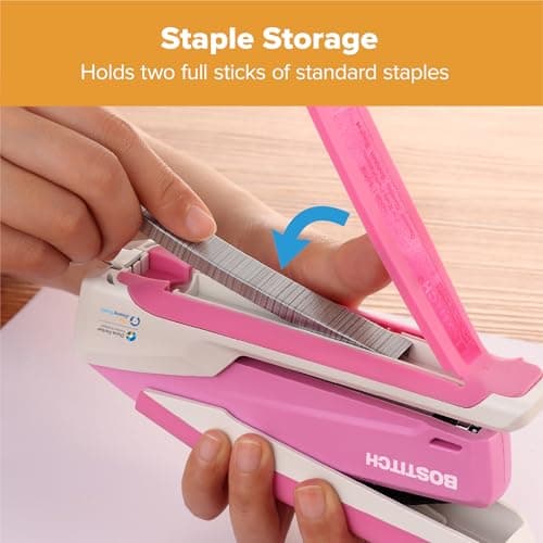 Bostitch Office InPower Spring-Powered Desktop Stapler, 20 Sheet Capacity, One Finger Stapling, Includes 210 Staples, Jam Free, Opens for Tacking, Breast Cancer Awareness Pink 5