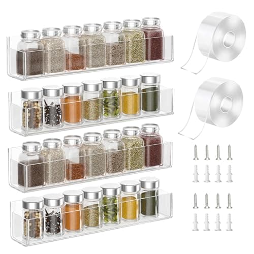 PMMASTO Adhesive Acrylic Spice Rack Organizer for Wall with 2 Nano Double Sided Tape, Spice Shelf Organization for Kitchen Cabinet Door/Pantry Door, Wall Mount Seasoning Rack (Clear-4 Pack)
