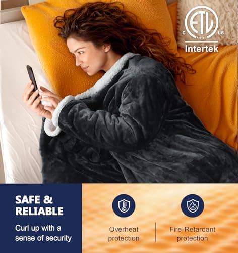 PASAMIC Electric Wearable Heated Blanket with Foot Pocket, Heated Blanket Wearable with Sleeves, Flannel & Sherpa Electric Throw, 10 Heat Settings & 2-8H Auto Shut-Off, 50 * 70"+18", Dark Grey 7