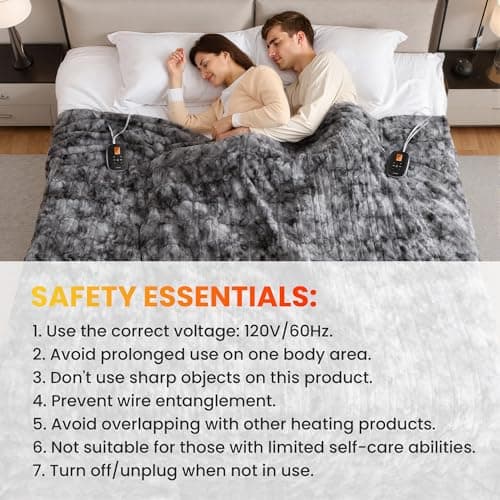 WOOMER Heated Blanket King Size 100" x 90", Electric Blanket with Dual Controllers, 0.5-12 Hours Timer & 10 Heating Levels, ETL Certified, Marble Gray Double-Sided Faux Fur, Machine Washable 8