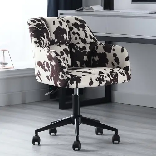 BESTANO Cow Print Desk Chair Velvet Office Chair, 360° Swivel Work Chair with Mid Back Support Armrest, Adjustable-Height Upholstered Chair for Living Room, Bedroom Home Office, Cow Print