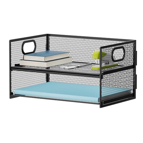 Marbrasse 2 Tier Paper Organizer Letter Tray, Mesh File Organizer with Handle, Paper Sorter Desk Organizer for Home Office Supplies - Black