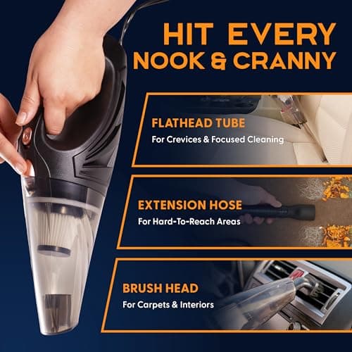 THISWORX Car Vacuum Cleaner - Portable, High Power, Handheld Vacuums w/ 3 Attachments, 16 Ft Cord & Bag - 12v, Auto Accessories Kit for Interior Detailing - Black 6