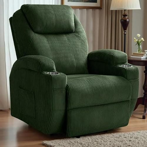 Furmax Electric Power Lift Recliner Chair with Massage for Elderly Corduroy Fabric Recliner Single Sofa with Cup Holders, Side Pockets and Remote Control for Living Room Bedroom (Green) 7