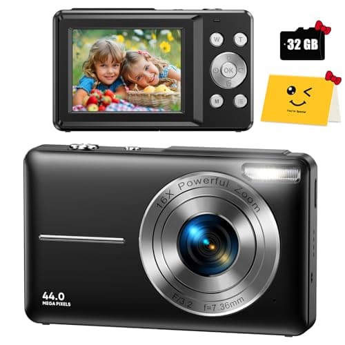 FHD 1080P Digital Camera for Kids with 32GB SD Card - Compact Point and Shoot Camera with 16X Zoom, Anti Shake, Portable, Perfect for Teens, Boys, Girls, Seniors - Best Wishes Card