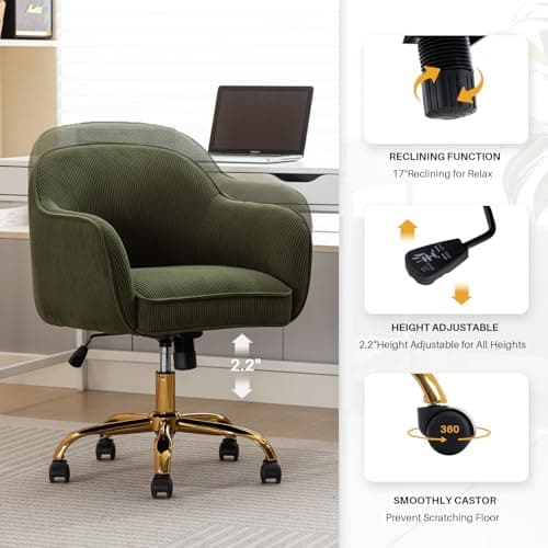 obmedin Home Office Desk Chair with Arms Gold Wheels Modern Velvet Upholstered Rolling Computer Chair Mid-Back Ergonomic Adjustable Swivel Vanity Chair for Bedroom Study Office, Green,Corduroy 5