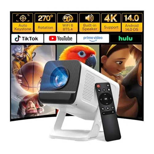 Mini Portable Projector for Bedroom with WiFi and Bi-directional Bluetooth 1080P 4K Support Smart Android 14 OS Auto Keystone Compatible with Netflix, YouTube, Prime Video, Disney+