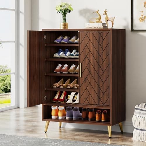 Tribesigns 6-Tier Shoe Cabinet with Doors, Wooden Shoe Storage Cabinet with Adjustable Shelves for Entryway, Hallway, Bedroom (Walnut)