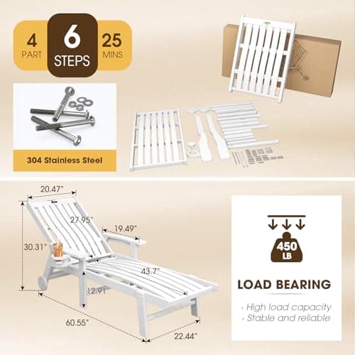 THOEOE Patio Chaise Lounge Chair, Oversized Lounge Chair Outdoor with 5 Positions, HDPE, Patio Lounge Chair with Wheels & Cup Holder for Pool, Deck, Poolside,White 2