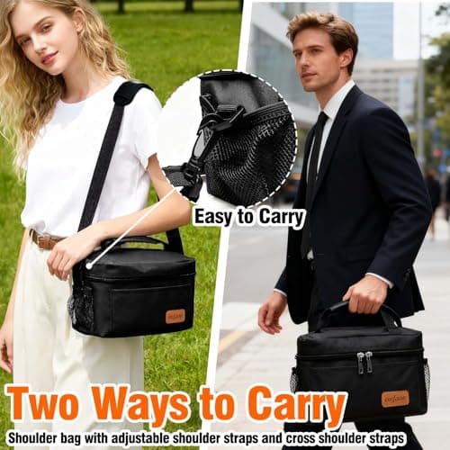 ONFAON Lunch Bag for Men/Women, Insulated Reusable Lunch Box Leakproof Cooler Tote Bag Freezable with Adjustable Shoulder Strap for Office Work Picnic Beach(Black) 6