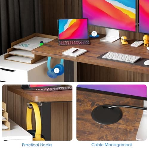PayLessHere 48 Inch Electric Standing Desk Computer Desk with Large Space and Headphone Holder Office Desk with Electric Lifting and 2 Memory Function for Office Meeting Room,Brown 6
