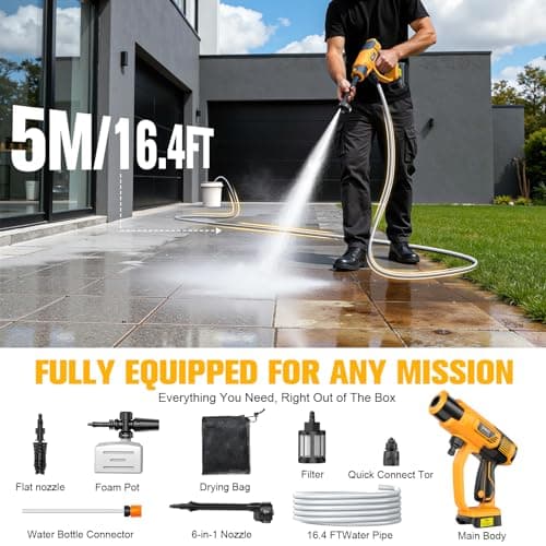 DIYtoolifz Cordless Pressure Washer Compatible with DeWalt 20V Battery, 800PSI Ultra-Light 2.2LBS with Brushless Motor, 16.4ft Hose & 6-in-1 Nozzle + Foam Cannon for Car, Patio, Fence (Tool Only) 9