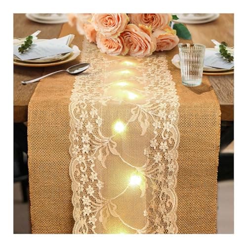 boyspringg Burlap Table Runner,Burlap Lace Table Runner for Wedding, 12X108 inches,Burlap Table Runners with LED ,Table Decor for Rustic Jute Country Thanksgiving Christmas Baby Party (1 Pack,LED)