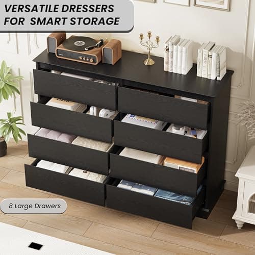 GarveeHome Black 8 Drawer Dressers for Bedroom, Chest of Drawers with Deep Drawers, Large Double Dresser for Closet with Wide Top, Horizontal Wooden Dresser for Living Room, Hallway, Kids Room 5