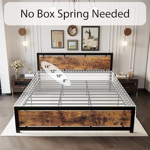 LIKIMIO King Bed Frame with Headboard and Footboard, Metal Strong Supports, Easy Assembly, Noise-Free, No Box Spring Needed, Vintage Brown 7