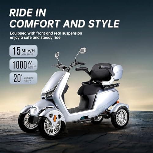 1000W 15 MPH Heavy Duty 4 Wheel Mobility Scooter 500lbs Loadweight, 3 Speed Control Mobility Scooters with 31 Mile Long Range Battery for Seniors & Adults Travel, 20° Max Climbing, Remote Key, Silver 7
