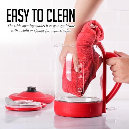 OVENTE Electric Kettle with 1.5L Borosilicate Glass, 1500W Fast Boiling Water Heater for Coffee or Tea, Easy to Fill Lid, Auto Shut-Off, Boil-Dry Protection & Stainless Steel Filter, Red KG516R 5