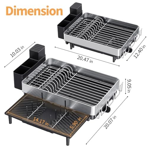 Urackify Dish Rack for Kitchen Counter, 304 Stainless Steel Dish Drying Rack, Expandable Dish Drainer, Foldable Dish Strainer with Cutlery Holder, Kitchen Plate Rack (Black, Large Size) 7