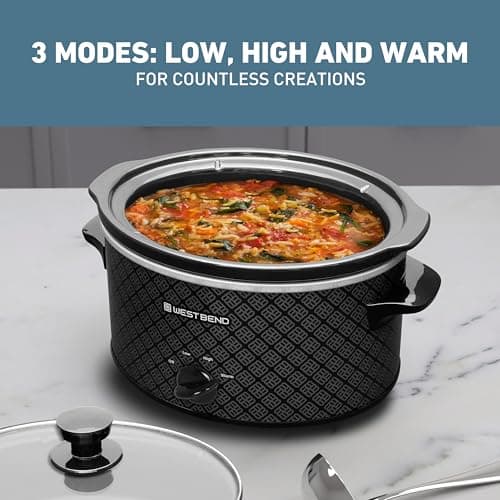 West Bend Slow Cooker 4-Quart Manual Crockery Style with Dishwasher Safe Oval Ceramic Crockpot and Glass Lid Two Temperature Settings Plus Keep Warm, 210-Watts, Black 5