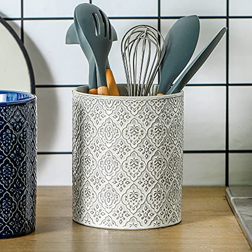 KOOV Kitchen Utensil Holder, Large Utensil Holders for Countertop, 6 x 7 Inches Ceramic Utensil Crock, Deep and Stable, Cooking Utensil Holder, Embossed Pattern, White 5
