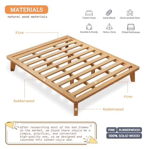 NELYE Full Platform Bed Base - 14 Inch Solid Wood Mattress Foundation with Support Slats and Legs, Full-Size Rubberwood Simple Bed Frame 5