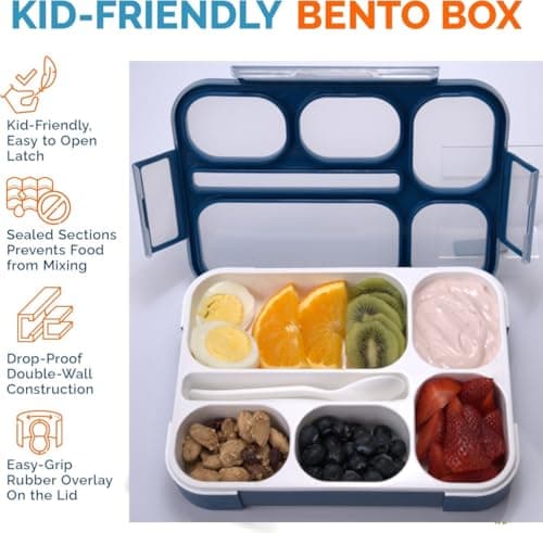 kinsho Bento Lunch Box Kids, Leakproof Lunch Containers for Boys Girls Adults with 6 Compartments - School, Daycare, Meal Planning Portion Control Container, BPA-Free Boxes, Utensils, Navy Blue 5