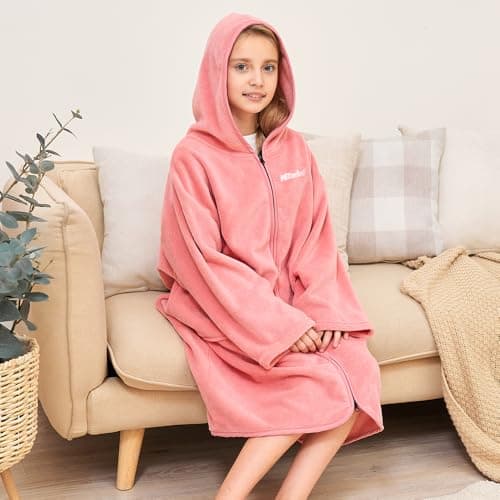 Hiturbo Kids Bath Towel Hoodie: Soft Plush Zipper Surf Poncho - Warm Fleece Changing Towels Swimming Outerwear (Pink) 7