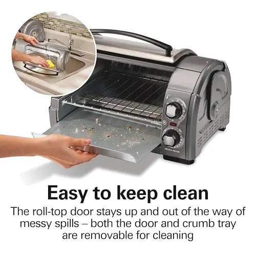 Hamilton Beach Easy Reach 4-Slice Countertop Toaster Oven With Roll-Top Door, 1200 Watts, Fits 9” Pizza, 3 Cooking Functions for Bake, Broil and Toast, Silver (31344DA) 7