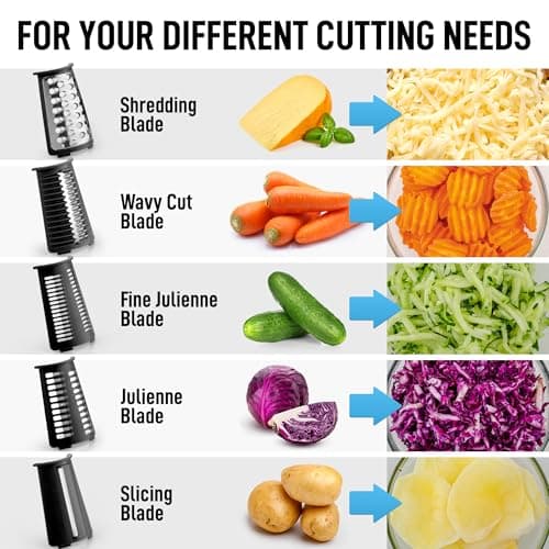 Zulay Kitchen Rotary Cheese Grater 5 Blade Cheese Shredder - Manual Hand Crank Cheese Grater With Reinforced Suction & 5 Interchangeable Drums - Easy to Use, Vegetable Chopper Round Mandoline Slicer 9