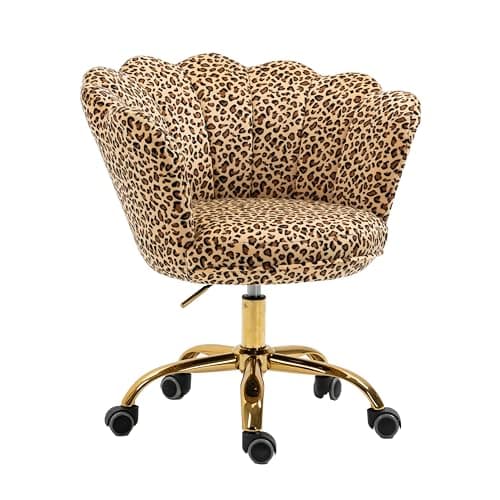 ZOBIDO Comfy Home Office Task Chair with Wheels, Cute Modern Upholstered Velvet Seashell Back Adjustable Swivel Vanity Desk Chair, for Women, for Girls, Living Room(Leopard Stripe)