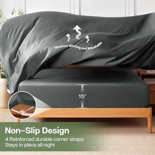 MR&HM Queen Fitted Sheet Only, Ultra-Soft Rayon Derived from Bamboo & Polyester Blend, Silky & Breathable, 15" Deep Pocket with Elastic Straps, Cooling Fitted Sheet for Hot Sleepers, Dark Grey 6