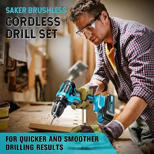 Saker Cordless Drill Set, Brushless 20V Electric Drill with Drill Bits, 3/8-Inch Keyless Chuck, 2 Variable Speeds, 430 In-lbs Torque Battery Power Screwdriver Driver for Plastic, Wood, Metal, Screws 8