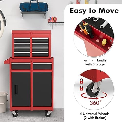 Goplus Rolling Tool Chest, 5-Drawer Tool Box Organizer w/Lockable Wheels & Sliding Drawers & Detachable Top & Adjustable Shelf, Tool Storage Cabinet for Garage Workshop (Red+Black) 6