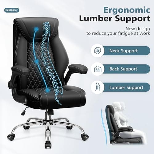 BestGlory Office Chair, Ergonomic High Back Home Office Desk Chair, Big and Tall Breathable Leather Office Chair with Lumbar Support Flip-Up Armrests, Computer Gaming Chair with Rocking Function 3