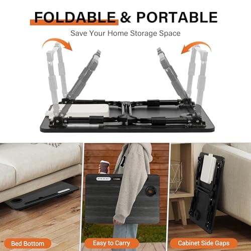 DECOSIS Laptop Desk for Bed Height Adjustable, Lap Bed Table with USB/Storage Drawer/Cup Holder/Tablet Stand/Book Shelf, Foldable Breakfast Tray Portable for Reading Writing, Sofa & Floor, Black 7