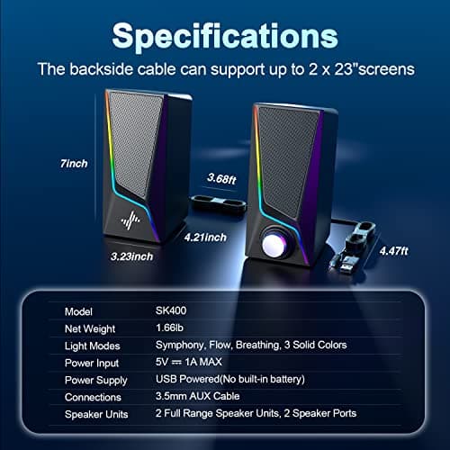 Nylavee Computer Speakers, PC Speakers with 6 Lighting Modes, USB Powered Computer Speakers for Desktop PC with 2 Bass-Boost Ports, 2 Speaker Units, and 3.5mm Aux-in for PC, Laptop, Monitor, Gaming 6