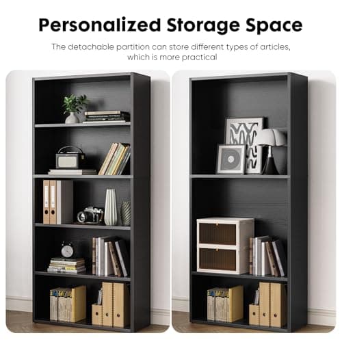 Sweetcrispy Industrial 5 Shelf Bookcase - Large 53 Inch Tall Floor Standing Open Bookshelf for Home Office, Living Room, and Bedroom Storage, Classic Black 6