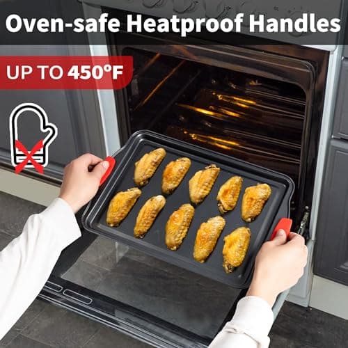 Baking Sheet Set, 2-Piece Cookie Sheet Set with Silicone Handles, Steel Baking Pans Set, Durable Baking Sheets for Oven, BPA Free Cookie Sheets for Baking Nonstick Set, Sheet Pan - Black Baking Tray 6