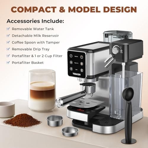 TENKER Espresso Machine 20 Bar, Cappuccino Machine with Automatic Milk Frother, Latte Machine in Stainless Steel Design, 1350W Touchscreen Coffee Maker for Home and Office (Silver) 7