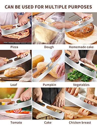 FENGCHEN 14Inch Pizza Cutter Rocker Style , Very Sharp Stainless Steel Pizza Blade Slicer,Suitable For Fruit Salad Bread Type Chopped Sliced ,Black Protective Case Double Wooden Handle Handle 6