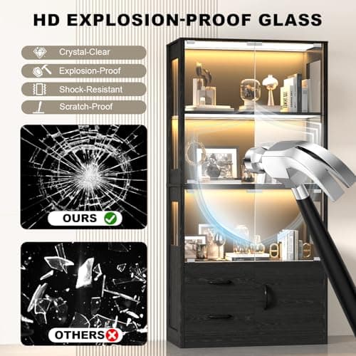 Display Cabinet with Glass Doors, 4-Tier Display Case with 3-Color Lights & Human Body Sensor, Storage Cabinets with 3 Shelves & 2 Drawers for Collectibles/Living/Dining/Game Room, Black Oak 5