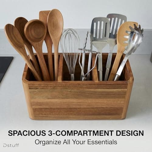 Dstuff Large Kitchen Utensil Holder Organizer for Counter or Countertop, Large Wooden Utensil Holder for Storage Cooking and Silverware with 3 Compartment, Acacia Rustic Wood Container Extra Large 6
