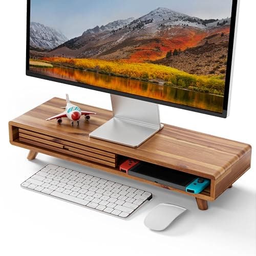 Tinamo Acacia Monitor Stand Riser with Sliding Door - Wooden Monitor Riser for Desk - Computer Monitor Stand for Desk - Multi-Purpose Desktop Storage Stand for Computer; Laptop; TV(24.4 " x 8" x 5")