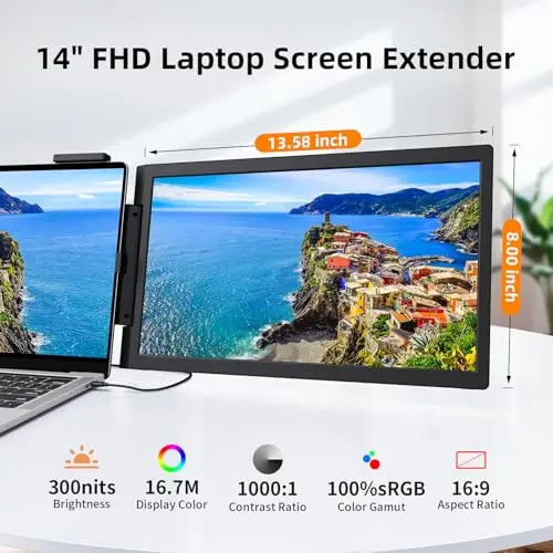 MAGICRAVEN Laptop Screen Extender, 14" 1080P IPS Portable Monitor Travel Monitor for 14"-16.1" Laptops with USB-C/HDMI Port, Plug and Play Attachment Screen for Windows/Mac/Android/Switch/PS5/Xbox 3