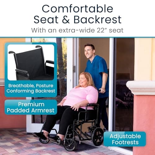 Vive Mobility Bariatric Transport Wheelchair for Adults - Supports 450lbs - Foldable, Heavy Duty Travel Wheel Chair - Portable, Transfer Aid with Swing Away Footrests & 22 Inch Wide Seat 5