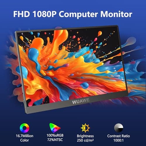 WUAWE Portable Monitor,15.6-AA 1080P 72% NTSC 98% sRGB USB C HDMI Travel Monitor for Laptop, External Second Computer Monitor with HDR Freesync Low Blue Light for PC Mac Phone PS5 Switch 2